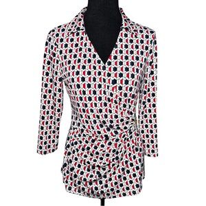 Boston Proper Geometric Wrap Top Medium 3/4 Sleeve Stretch Office Business Chic